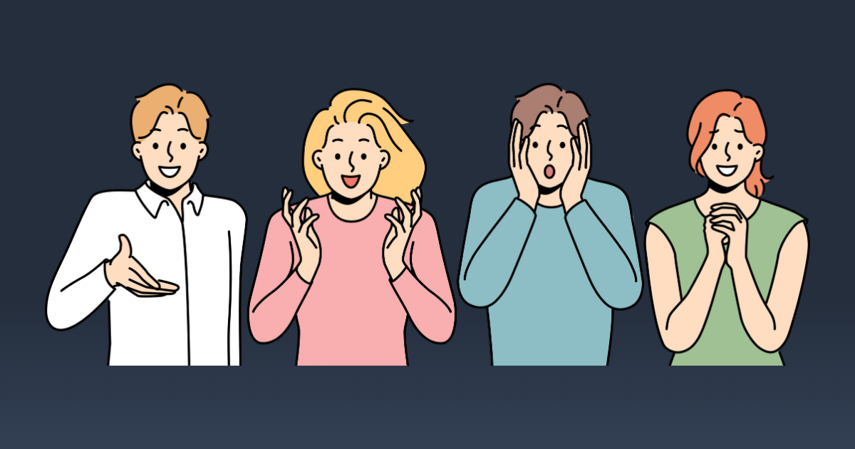 four people each displaying different emotions