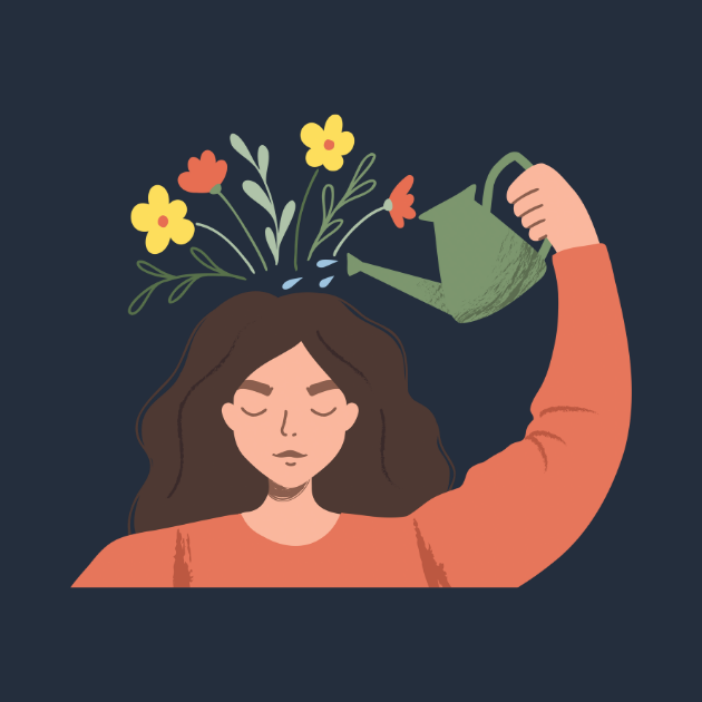 an illustration of a woman watering her own head and flowers growing from it.