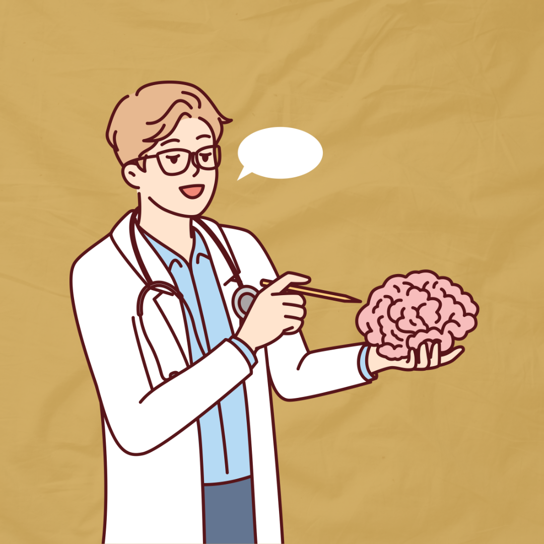 Illustration of a doctor pointing at a brain to show Unleashing the Power of Intuition: Lessons from Spiderman to Leadership