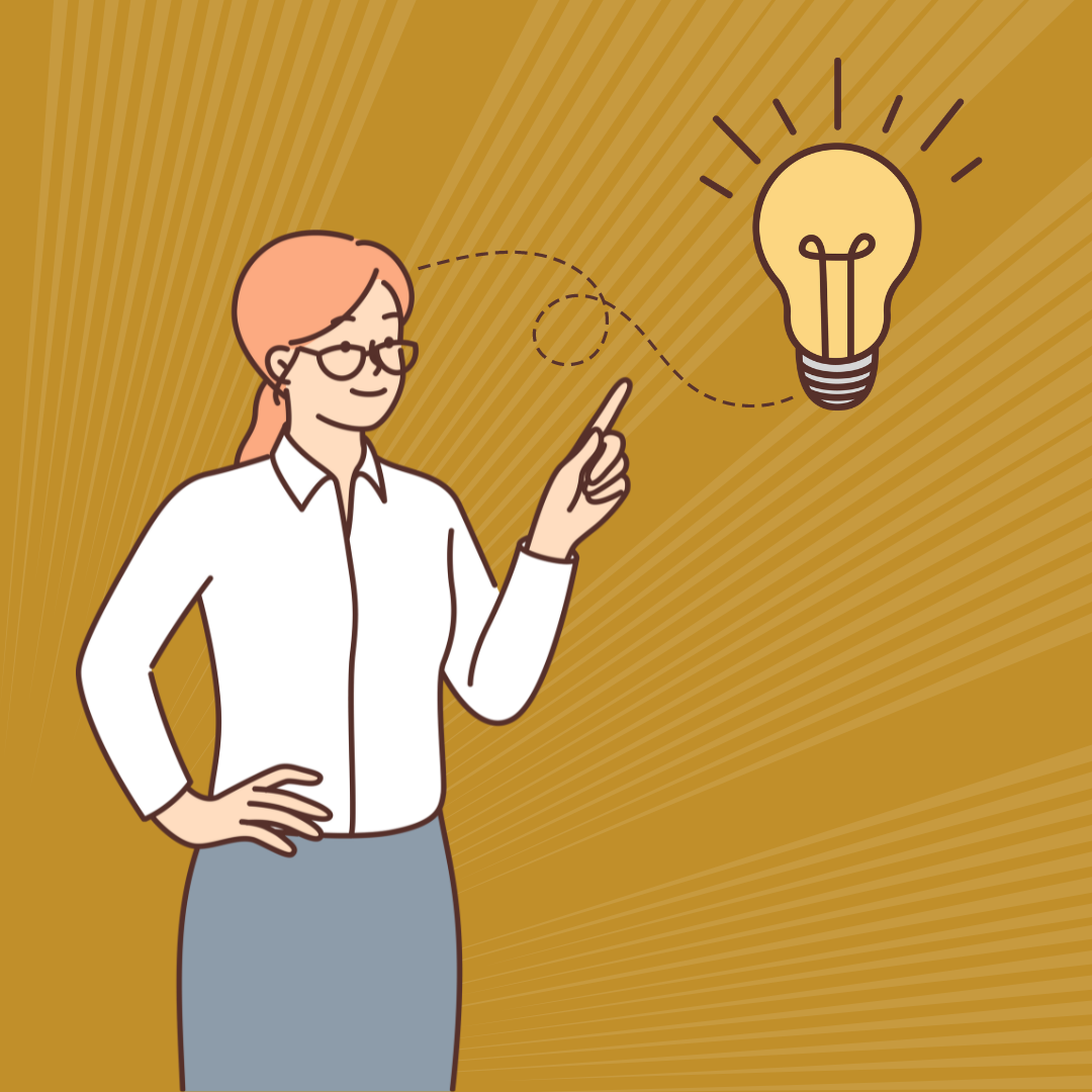 An illustration of a woman in professional clothing with a light bulb light up next to her head 